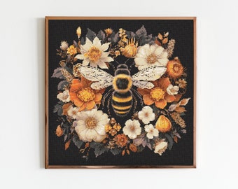Dark Bumble Bee Boho Floral Cross Stitch Pattern Sewing Modern Embroidery Instant Download Dark X-Stitch Cottagecore Witchy Witchcraft Goth