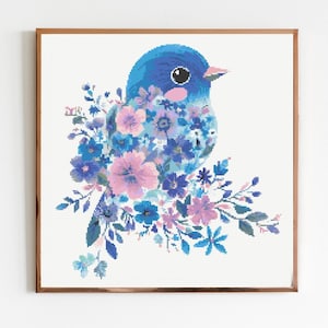 花柄の青い鳥のクロスステッチ刺繍パターンインスタントDMCダウンロード鳥農場の森海の生き物鳥海カラフルな鳥アオガラ