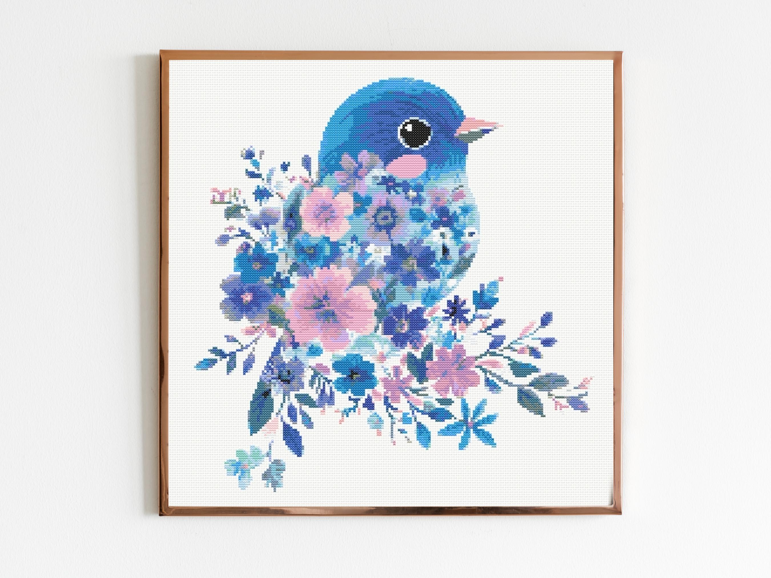 花柄の青い鳥のクロスステッチ刺繍パターンインスタントDMC