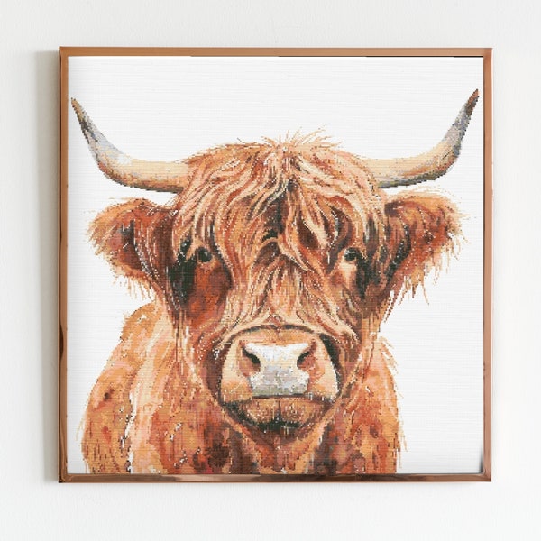 Hairy Highland Cow Cross Stitch Sewing Embroidery Pattern Instant DMC Download Bird Farmyard Woodland