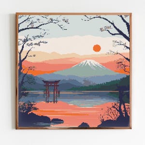 Berg Kreuzstich Stickmuster im japanischen Stil Berg X-Stitch Landschaft Cottagecore Hand Fuji Art