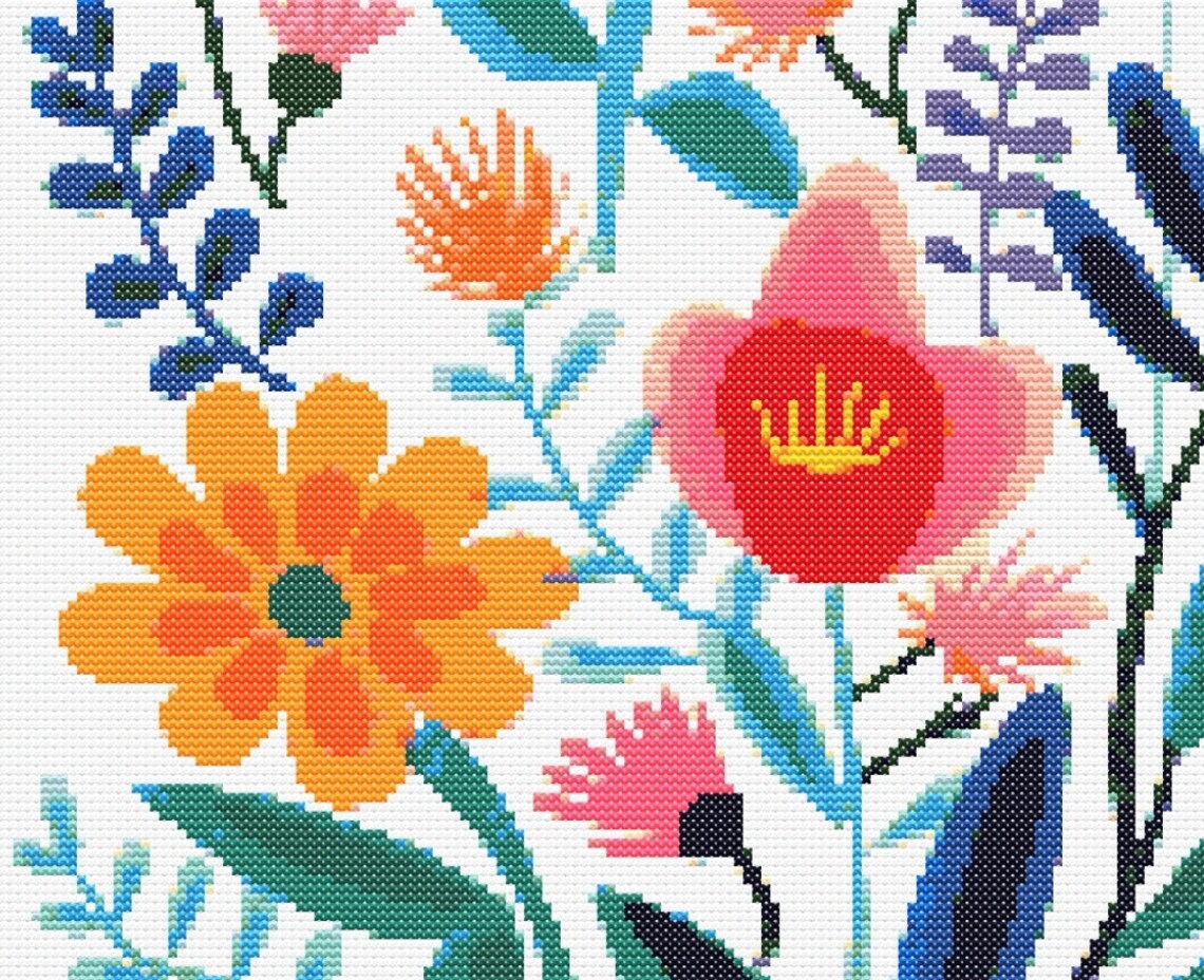 Vibrant Bunch of Abstract Flowers Cross Stitch Sewing Embroidery ...