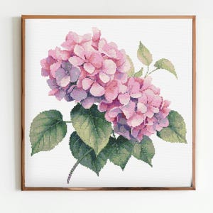 Roze hortensia botanische kruissteek naaien modern borduurpatroon Instant DMC download bos bloemen beginnende tuinplanten botanicus