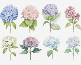 Patrón de bordado moderno de costura de punto de cruz botánico de flores silvestres de hortensia Descarga instantánea de DMC Ramo de flores para principiantes