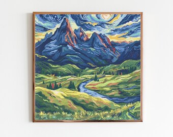 水彩画「星空の夜」森の湖クロスステッチパターン：ゴッホ風風景画 PDF
