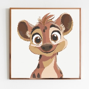 May include: A cartoon hyena with brown fur and large, expressive eyes. The hyena is smiling and looking directly at the viewer.