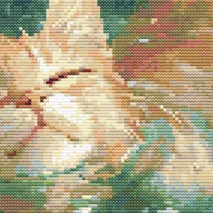 May include: A close-up of a cross-stitch pattern depicting a cat's face. The cat's fur is a light orange color, and the background is a mix of green and brown.