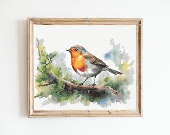 May include: A watercolor painting of a robin perched on a branch. The bird has a bright orange breast and a gray back. The background is a soft blue and green.