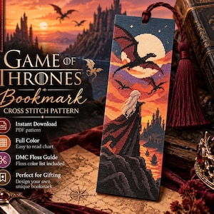 May include: A rectangular cross-stitch bookmark featuring a figure with long blonde hair standing on a cliff overlooking a castle at sunset, with a large moon and flying dragons above. The bookmark has a dark red tassel attached at the top.