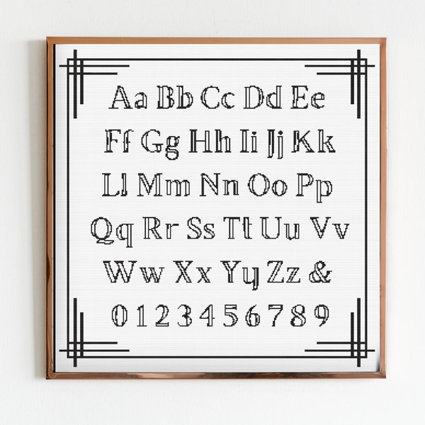Vintage Cross Stitch Font Sewing Embroidery Pattern X-Stitch Landscape Cottagecore Needlework Alphabet Elements Retro Tattoo Style Simple