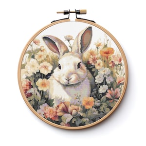 Rabbit and Light Florals Cross Stitch Sewing Embroidery Pattern Download Woodland Spring Gift Botanical Flowers Floral Cute Animal