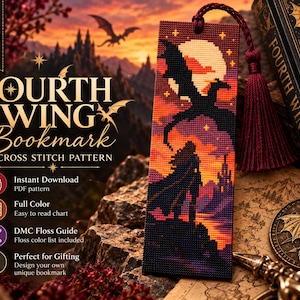 Peut inclure: Un marque-page rectangulaire en point de croix représentant la silhouette d'une personne et d'un dragon sur un ciel au coucher du soleil avec une grande lune. Le marque-page possède un pompon rouge foncé et un motif détaillé.