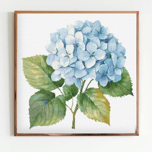 Blauwe hortensia botanische kruissteek naaien modern borduurpatroon Instant DMC download bos bloemen beginnende tuinplanten botanicus
