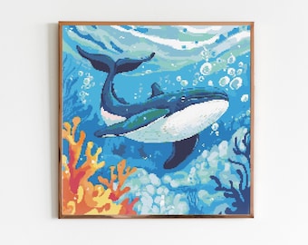 Blauwal Kreuzstich Stickmuster Sofort DMC Download Süßer Ozean Aquarell Ozean Sealife Tiefblau Cottagecore Art