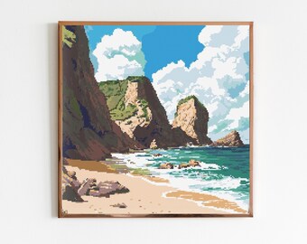 Coastal Scene Cross Stitch Sewing Embroidery Pattern X-Stitch Landscape Cottagecore Needlework Sea Ocean Beach Mountains Epic Landscape