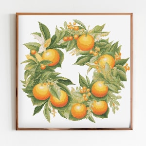Citrus orange botanische Blumenkranz Kreuzstich Nähen Moderne Stickerei Muster Instant DMC Download Blumenstrauß Anfänger Hochzeit