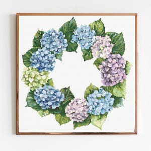 Hortensien-Kranz Botanischer Kreuzstich Nähendes Modernes Stickmuster DMC Download Blumenstrauß Anfänger Garten Pflanzen Botaniker