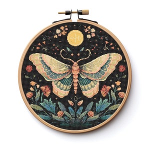 Lunar Moth Botanical Cross Stitch Pattern Sewing Modern Embroidery Instant Download Dark X-Stitch Cottagecore Witchy Witchcraft Gothic