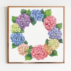 Hortensien-Kranz Botanischer Kreuzstich Nähendes Modernes Stickmuster DMC Download Blumenstrauß Anfänger Garten Pflanzen Botaniker