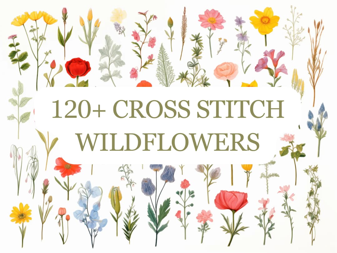 120 Wildflowers Botanical Cross Stitch Sewing Modern Embroidery Pattern Instant DMC Download Bunch of Flowers Beginner
