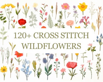 120+ Wildflowers Botanical Cross Stitch Sewing Modern Embroidery Pattern Instant DMC Download Bunch of Flowers Beginner