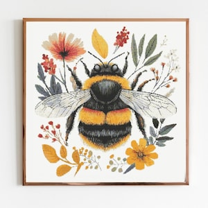 Floral Bumble Bee Cross Stitch Pattern Sewing Modern Embroidery Instant Download Dark X-Stitch Cottagecore Witchy Flowers Goth Floral Cute