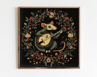 Possum and Banjo Cross Stitch Pattern Sewing Modern Embroidery Instant Dark X-Stitch Cottagecore Witchy Woodland Witchcraft Gothic Folklore
