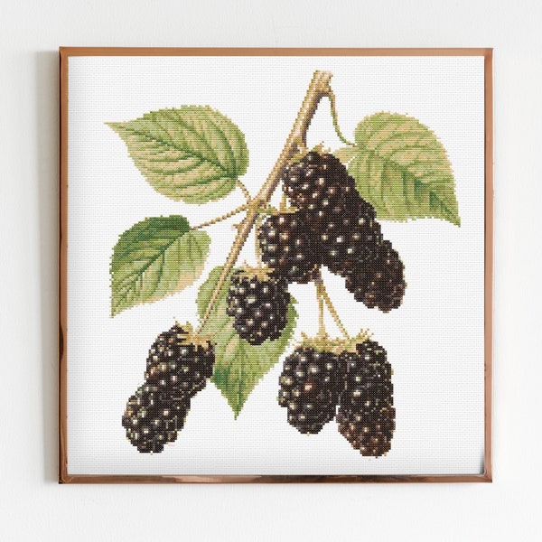 Botanical Sprig of Blackberries Cross Stitch Sewing Modern Embroidery Pattern Instant DMC Download Bunch of Flowers Beginner