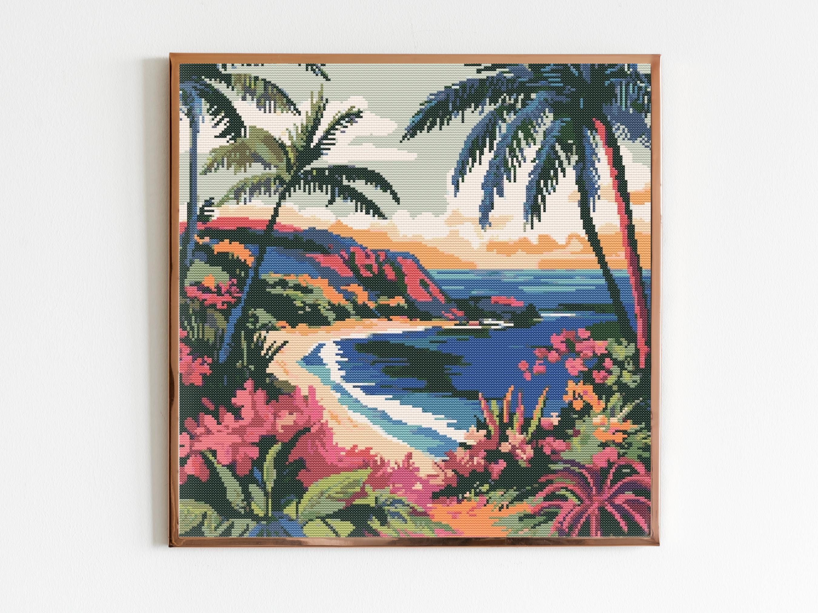 ハワイのクロスステッチ刺繍パターンXステッチ風景コテージコア針仕事