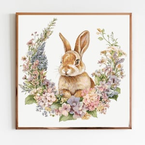 Bunny Rabbit Cross Stitch Sewing Embroidery Pattern Woodland Spring Gift Botanical Flowers Floral Wreath Cute Rabbit Spring Easter Nursery