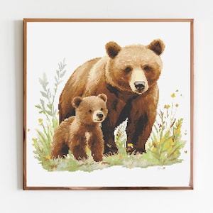 Bear and Cub in a Woodland Clearing Cross Stitch Sewing Embroidery Pattern Instant DMC Download X-Stitch Landscape Cottagecore Needlework