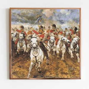 May include: A framed painting depicting a cavalry charge. Soldiers in red coats and black hats ride white horses, swords raised, against a backdrop of a cloudy sky. The artwork has a vintage, historical feel.