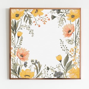 Patrón de bordado moderno para costura en punto de cruz con borde floral botánico amarillo y rosa, descarga de ramo de flores, regalo de boda para principiantes