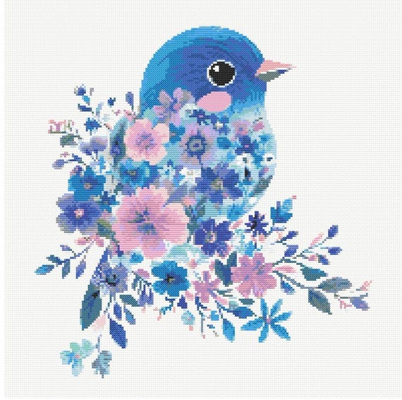 花柄の青い鳥のクロスステッチ刺繍パターンインスタントDMC
