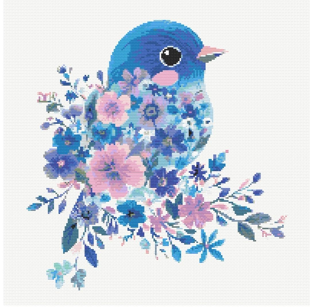 花柄の青い鳥のクロスステッチ刺繍パターンインスタントDMC