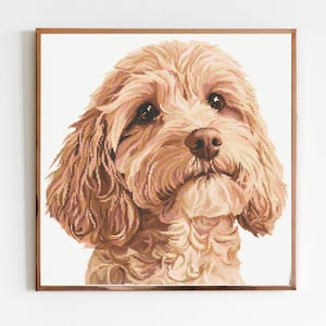 Op de afbeelding: Een ingelijst kruissteekportret van een hond. De hond heeft lichtbruine vacht, donkere ogen en een bruine neus. Het kunstwerk wordt weergegeven in een bruine houten lijst tegen een witte achtergrond. De vacht van de hond lijkt zacht en pluizig.