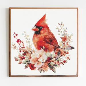Red Cardinal Cross Stitch Sewing Embroidery Pattern Instant DMC Download Bird Farmyard Woodland Garden Birds Red Floral