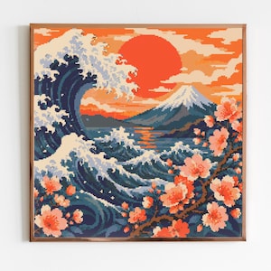 Great Wave and Blossom Cross Stitch Sewing Embroidery Pattern DMC X-Stitch Landscape Cottagecore Needlework Sea Surf Waves Ocean Tattoo