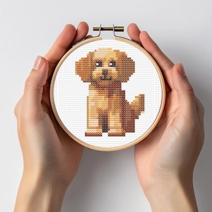 Può includere: Un cerchio da ricamo a punto croce con un'immagine pixelata di un cane seduto in marrone e bianco. Il cane ha un corpo marrone e un viso bianco.