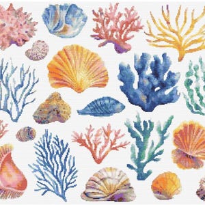 Under the Sea Cross Stitch Sewing Embroidery Pattern Instant Download Cottagecore X-Stitch Ocean Seashells Needlework Sea Clam Conch Cute A