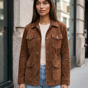 Womens Suede Leather Safari Jacket - Brown Button-Down Field Coat by RebelHideUS