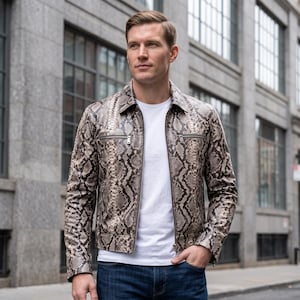 Men Premium Snakeskin Leather Shirt Collar Biker Jacket - RebelHideUS