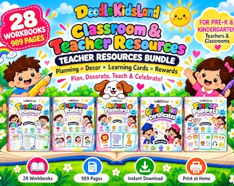 May include: A bundle of 28 educational workbooks titled DoodleKidsLand Classroom & Teacher Resources. The colorful cover features illustrations of children, a puppy, a sun, and text including 989 Pages and Plan, Decorate, Teach & Celebrate.