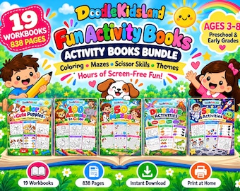 May include: A bundle of 19 activity workbooks totaling 838 pages, featuring themes like puppies, animals, mazes, dinosaurs, and space. The cover displays the text DoodleKidsLand Fun Activity Books, Ages 3-8, and Hours of Screen-Free Fun.