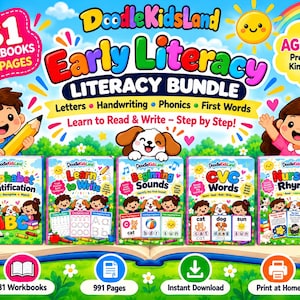 May include: A DoodleKidsLand early literacy bundle featuring 31 workbooks and 991 pages for ages 3-6. The set includes five colorful books titled Alphabet Identification, Learn to Write, Beginning Sounds, CVC Words, and Nursery Rhymes.