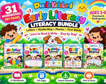 May include: A DoodleKidsLand early literacy bundle featuring 31 workbooks and 991 pages for ages 3-6. The set includes five colorful books titled Alphabet Identification, Learn to Write, Beginning Sounds, CVC Words, and Nursery Rhymes.