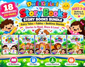 May include: A digital bundle of 18 workbooks titled DoodleKidsLand Story Books, featuring 315 pages for ages 3-8. The cover displays colorful illustrations of children, a puppy, and classic fairy tales like The Three Little Pigs.