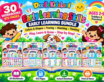 May include: A bundle of 30 early learning workbooks titled DoodleKidsLand Early Learning Skills for ages 2-5. The set includes workbooks for colors, animals, tracing, matching, and weather, featuring colorful illustrations and educational activities.