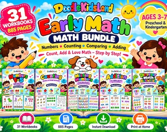 May include: A digital math bundle for children featuring 31 workbooks and 885 pages. The colorful cover displays the text DoodleKidsLand Early Math Bundle, Ages 3-7, and includes illustrations of children, a puppy, and math activities.