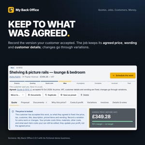 Op de afbeelding: Een software-interface genaamd My Back Office met een opdracht voor Shelving & picture rails. Het scherm toont de status Won, een overeengekomen prijs van &pound;349.28 en een vergrendeld offertegedeelte met details over klantacceptatie.